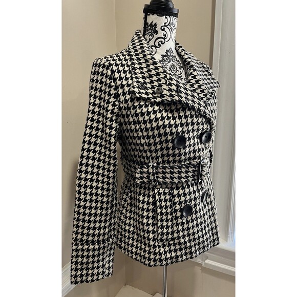 Guess Womens Houndstooth Wool Blend Lined Pea Coat 90's Small Preppy Clueless - Picture 8 of 13